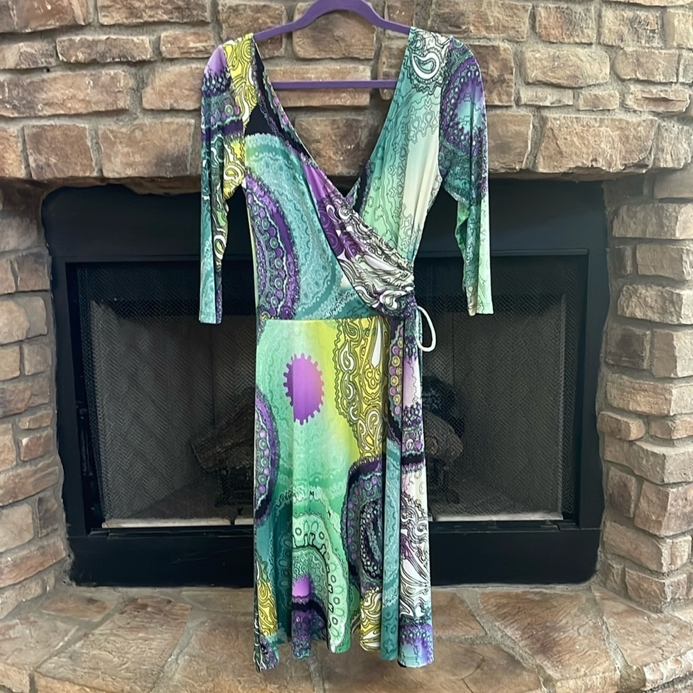 Mesmerize purple, green, yellow double V-neck midi dress. Mexium.